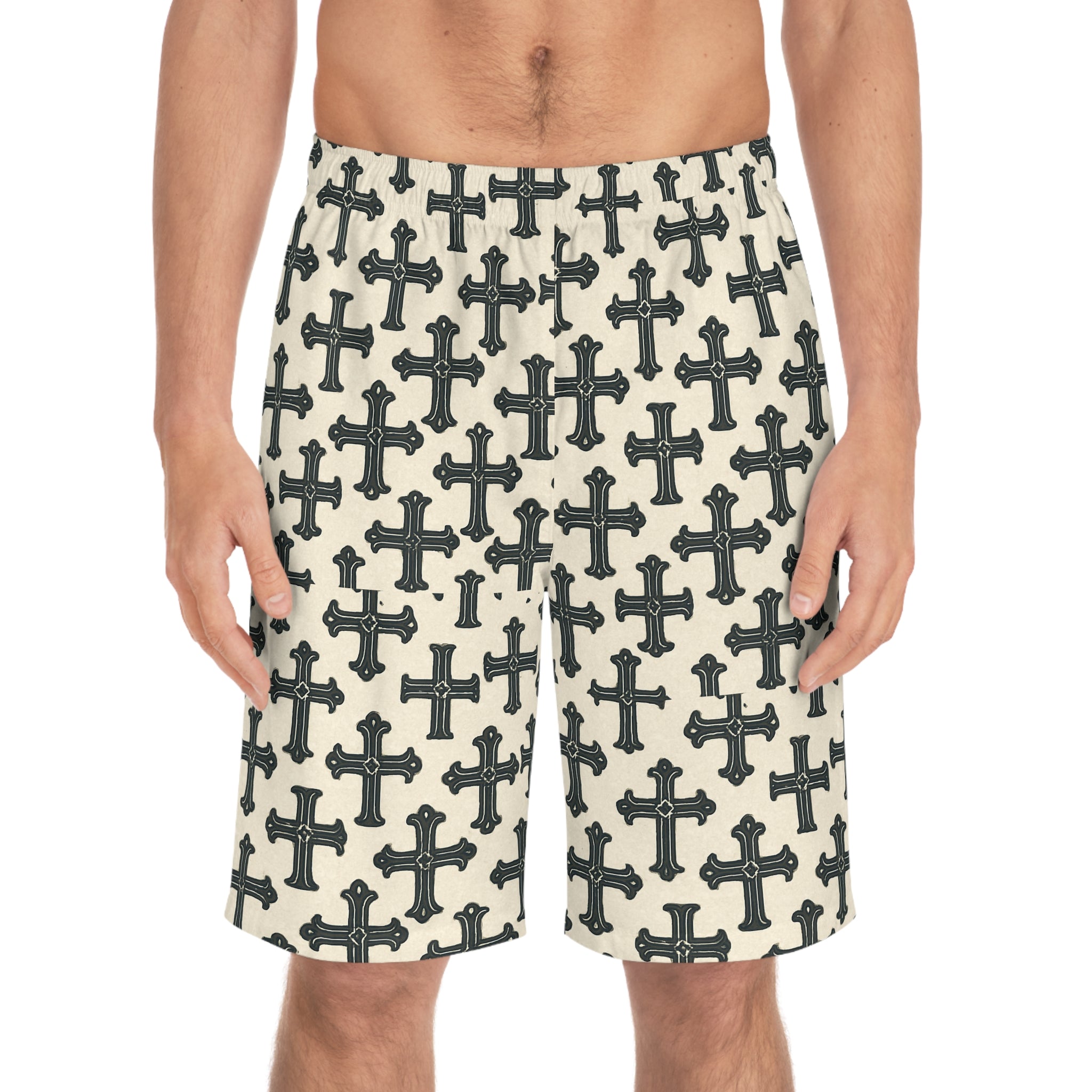 Trendy Cross Print Men's Board Shorts - Stylish Casual Wear, Vacation Outfit, Summer Essentials, Gift for Him