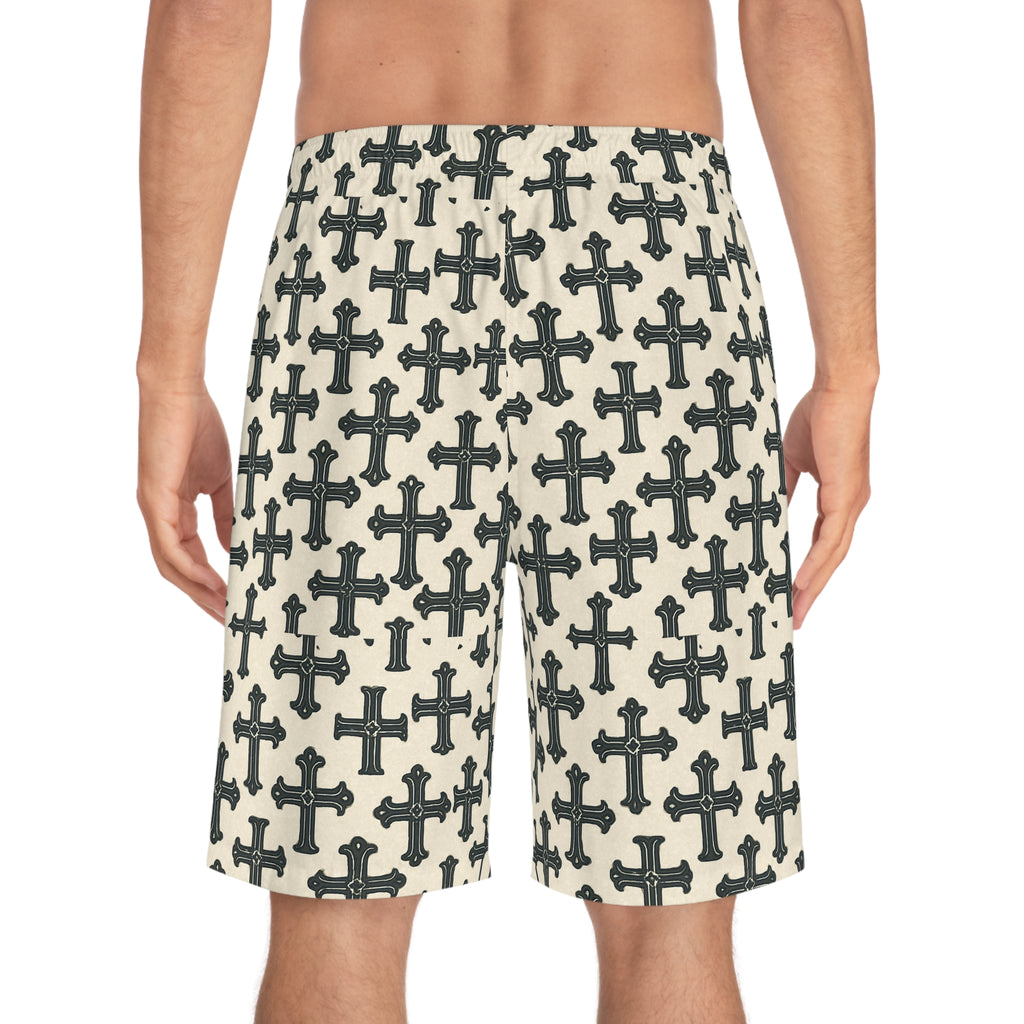 Trendy Cross Print Men's Board Shorts - Stylish Casual Wear, Vacation Outfit, Summer Essentials, Gift for Him